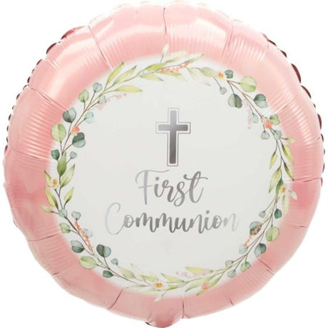 45cm pink foil balloon for My First Communion, perfect for celebrations with vibrant colors and elegant design.