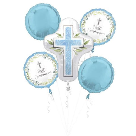 Set of 5 blue foil balloons for First Communion, combining elegance and ease for memorable celebrations.
