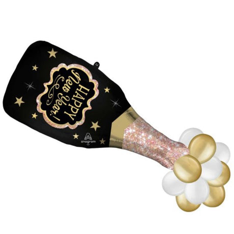 Festive SuperShape latex Happy New Year bubbly bottle balloon, vibrant colors, perfect for party decoration, 119cm x 40cm