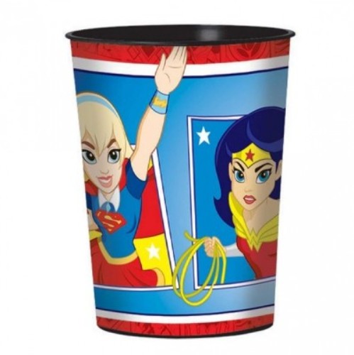 Vibrant Favor Cup featuring superhero girls, perfect for parties and safe for kids, BPA-free and stackable.