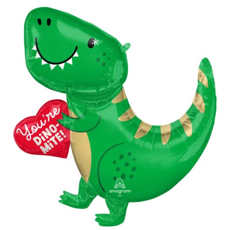 Colorful dinosaur and heart-shaped foil balloon, 73cm x 78cm, perfect for dino-themed parties and celebrations.