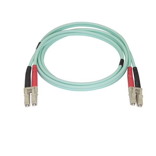 1m Aqua OM4 Duplex Multimode Fiber Optic Cable for high-speed 100 Gb connectivity, LSZH jacket for safety, compatible with advanced transceivers.