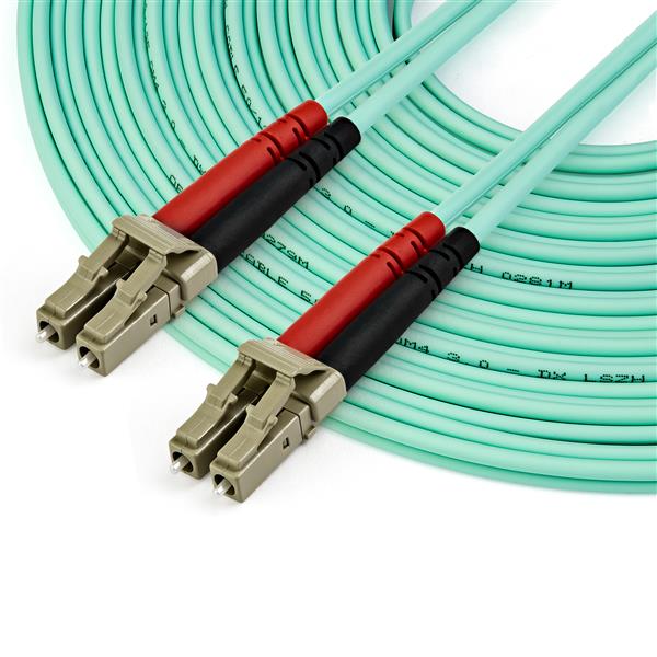 10m OM4 LC to LC multimode duplex fiber optic patch cable for high-speed 40G/100G networking, designed for reliable data transmission.