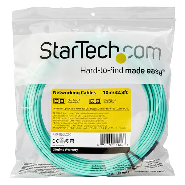 10m OM4 LC to LC multimode fiber optic patch cable for 40G/100G networking, designed for high-speed data transmission.