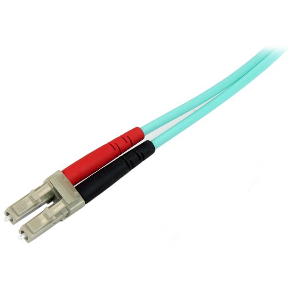 1m Aqua OM4 Duplex Multimode Fiber Optic Cable for high-speed 100 Gb connectivity, LSZH jacket for safety and compatibility.