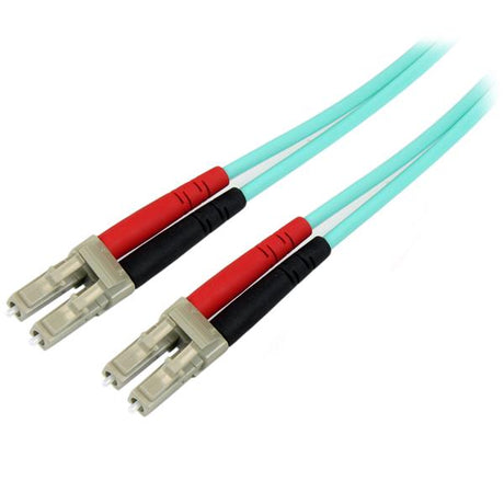 1m Aqua OM4 Duplex Multimode Fiber Optic Cable for high-speed 100 Gb connectivity, LSZH jacket for safety.