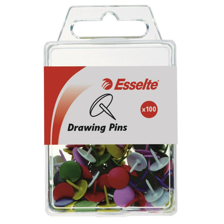 Pack of 100 colorful Esselte drawing pins, 10mm heads and 9mm length, perfect for organizing and displaying items.