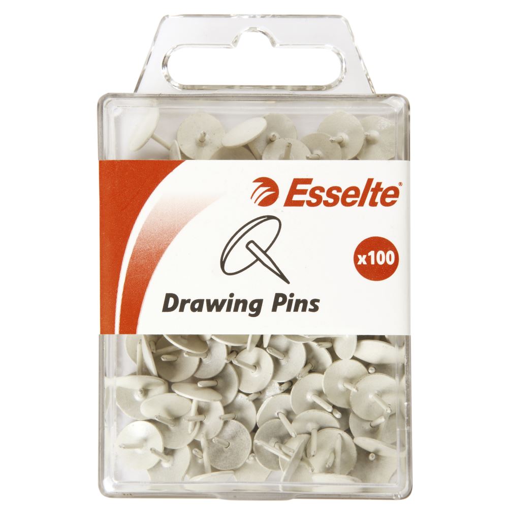 Pack of 100 white Esselte drawing pins, 10mm diameter heads, ideal for tacking posters and documents easily.