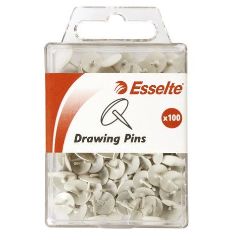 Pack of 100 white Esselte drawing pins, 10mm diameter heads, ideal for tacking posters and documents easily.