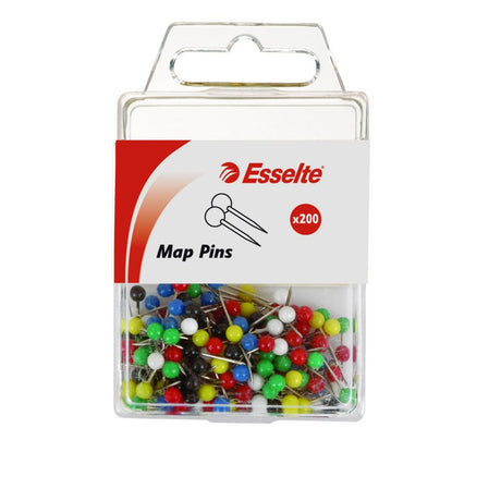 Assorted Esselte map pins in vibrant colors, perfect for organizing and pinning on cork boards and walls. Pack of 200.