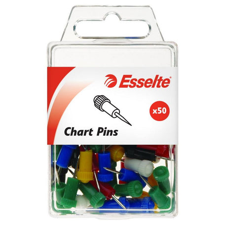Assorted pack of 50 Esselte chart pins, with 8mm heads and 22mm length, perfect for tacking posters and organizing documents.