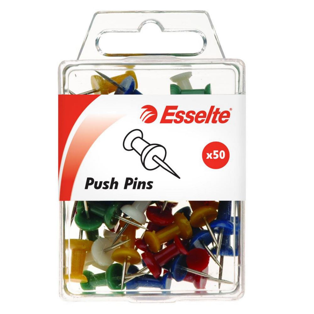 Assorted Esselte Push Pins in vibrant colors, pack of 50, perfect for tacking papers and organizing spaces.