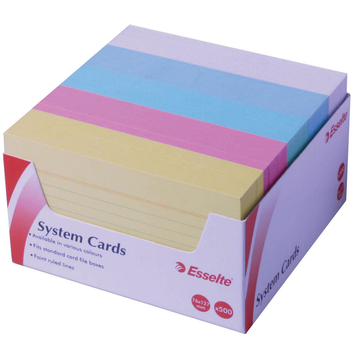 Assorted Esselte system cards in 5 colors, 127x76mm, ruled on both sides, made from sturdy 200gsm board.