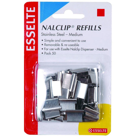 Esselte Nalclip refills pack of 50 steel clips for easy document organization without hole-punching, holds up to 40 sheets.