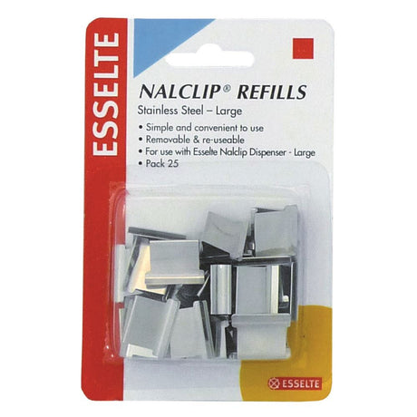 Esselte Nalclip refills pack of 25 steel clips, holds up to 60 sheets without damaging documents, ideal for organization.