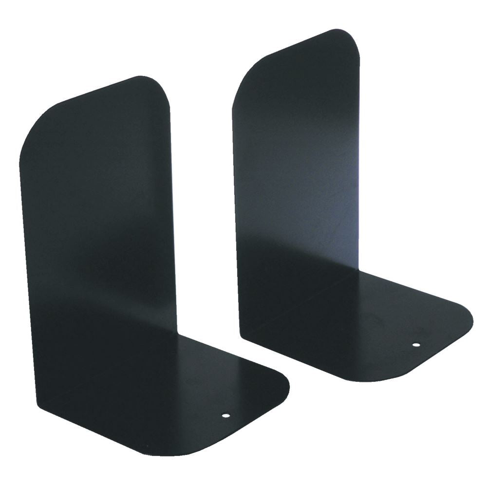 Sleek black metal bookends providing stability and style for organizing books and documents in any setting.