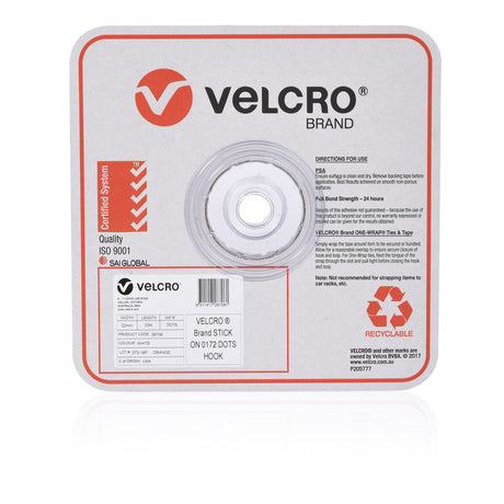 White 22mm VELCRO® Brand Hook Fasteners with 900 adhesive dots for easy, no-damage mounting and organizing.