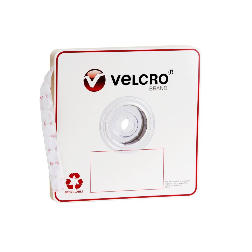 Velcro Brand Loop Fasteners in white, 22mm size, featuring 900 adhesive dots for easy, damage-free mounting and organization.