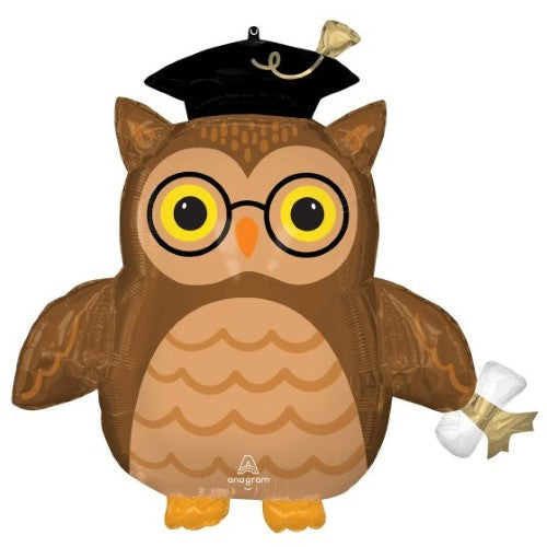 Vibrant SuperShape Graduate Wise Owl foil balloon, 76cm x 73cm, perfect for graduation celebrations.