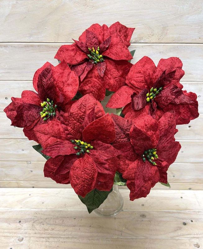 Artificial Flower Bush - Poinsettia Bush X 5 Large 22cm (Velvet Red)