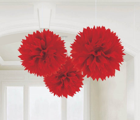Pack of 3 vibrant Apple Red 16-inch fluffy tissue decorations, perfect for festive celebrations and events.