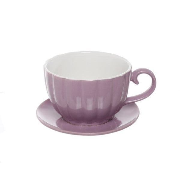 Vase /Planter - Ceramic Tea Cup Pot Saucer Drain Hole Lavender