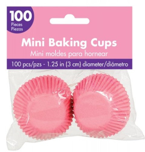 Pack of 100 bright pink mini cupcake cases, perfect for parties and easy cleanup, measuring 1 1/4 inches.