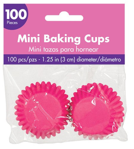 Vibrant bright pink mini cupcake cases, 1 1/4" diameter, perfect for baking mini treats, pack of 100.