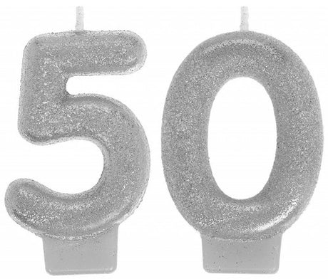 Sparkling 50th birthday candles, 3 inches tall, perfect for adding sparkle to cake celebrations in a pack of two.