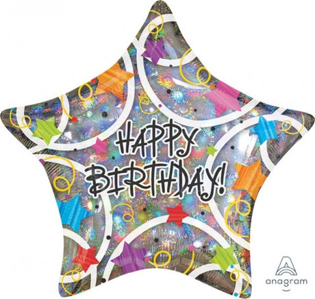 Holographic star balloon with 'Happy Birthday' print, 45cm, self-sealing, perfect for celebrations.