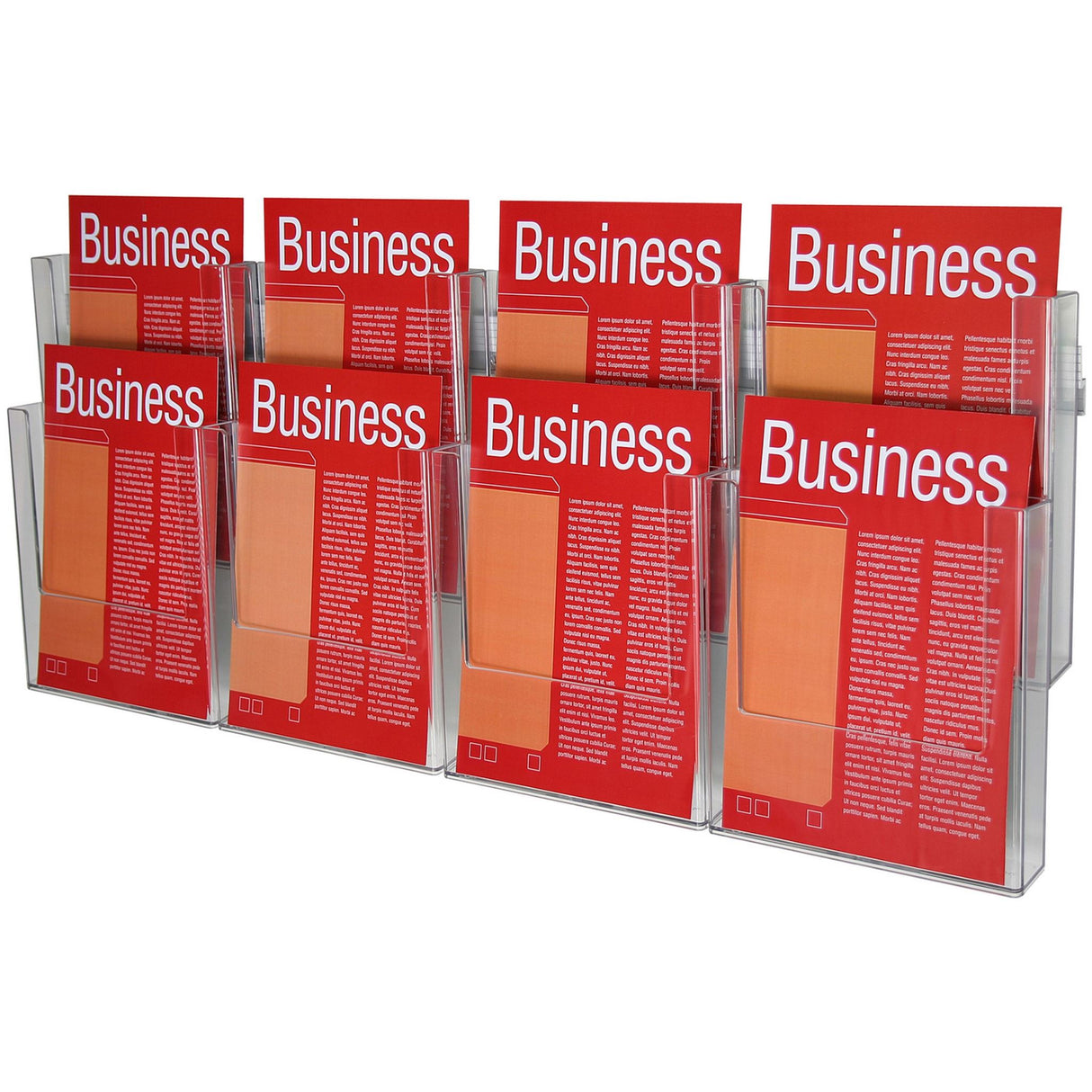 Wall-mounted Esselte A4 brochure holder with 8 compartments for organized display of flyers and materials.