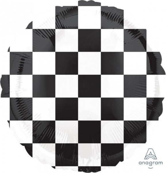 Self-sealing 45cm checkerboard foil balloon, perfect for celebrations and parties.
