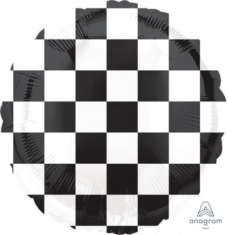Self-sealing 45cm checkerboard foil balloon, perfect for celebrations and parties.