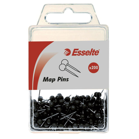 Esselte Pins Map Pk200 in black, versatile 4mm head, 17mm long for tacking documents and posters, perfect for home or office.