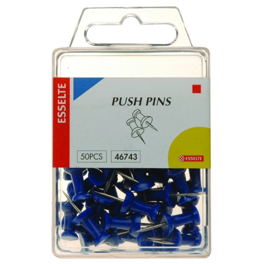 Pack of 50 blue Esselte push pins, 10mm diameter head, perfect for organizing and tacking materials on boards.