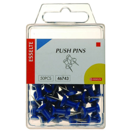 Pack of 50 blue Esselte push pins, 10mm diameter head, perfect for organizing and tacking materials on boards.