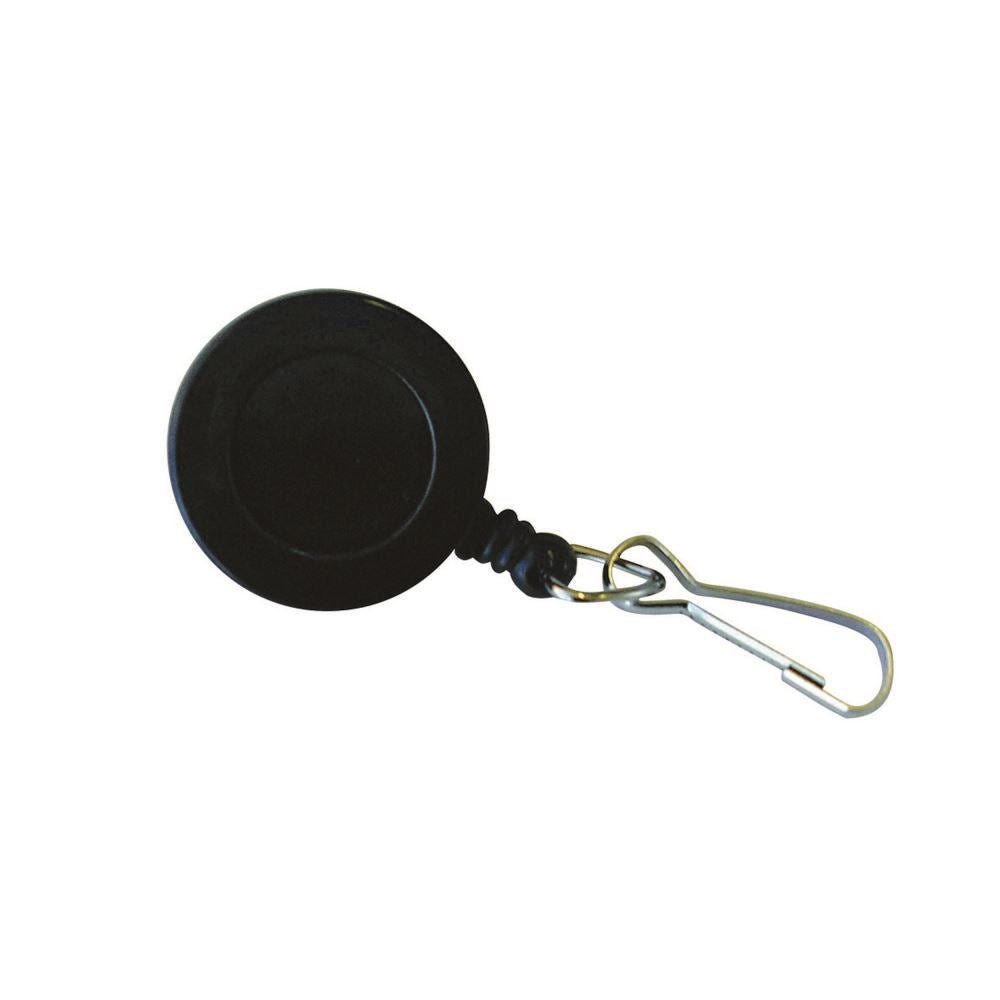Kevron badge reel in black with swivel clip for easy ID access and secure attachment to clothing.