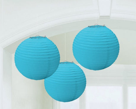 Pack of 3 Caribbean Blue round paper lanterns for vibrant party decor, ideal for any event or celebration.