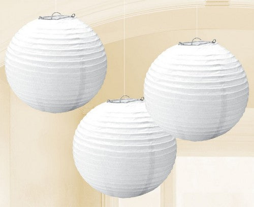 Pack of 3 frosty white round paper lanterns, 9.5 inches, perfect for elegant decor at events and parties.