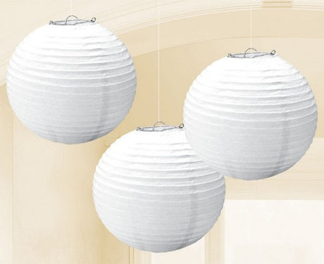 Pack of 3 frosty white round paper lanterns, 9.5 inches, perfect for elegant decor at events and parties.