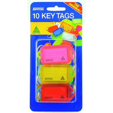 Brightly colored Kevron Key Tags in fluoro assortment for easy key identification and organization, pack of 10.