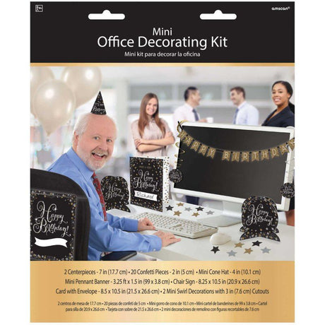 Vibrant mini office birthday decorating kit with centerpieces, sign, banner, swirls, hat, card, and confetti.
