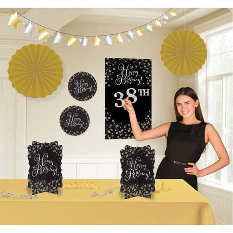 Colorful birthday decoration kit with garland, cutouts, paper fans, centerpieces, and stickers for any age celebration
