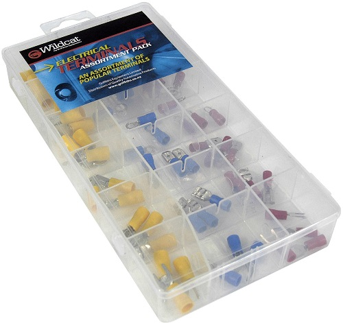 Wildcat Electrical Terminal Assortment with joiners, blade, ring & spade terminals in a durable plastic case.