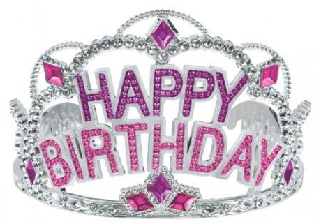 Colorful gem-encrusted tiara with rhinestones, perfect for celebrating birthdays in style.