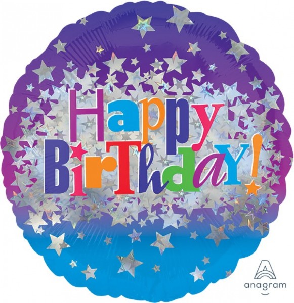 Bright stars adorn a 45cm self-sealing foil balloon, perfect for vibrant birthday celebrations.