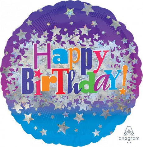 Bright stars adorn a 45cm self-sealing foil balloon, perfect for vibrant birthday celebrations.