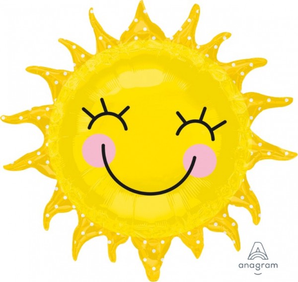 Bright yellow Foil Balloon shaped like a cheerful sun, 74cm, perfect for festive celebrations and easy to inflate.