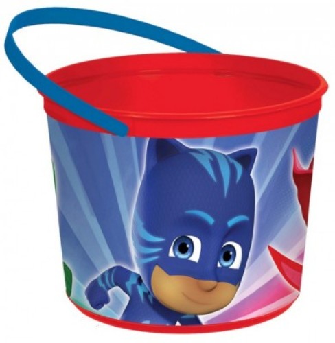 Colorful Pj Masks favor container featuring Catboy, Owlette, and Gekko, perfect for birthday party goodies and storage.