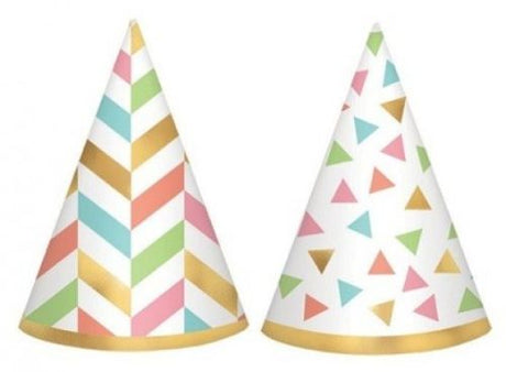 Colorful confetti mini cone hats with foil accents, perfect for festive celebrations and parties, pack of 12, 4 inches each.